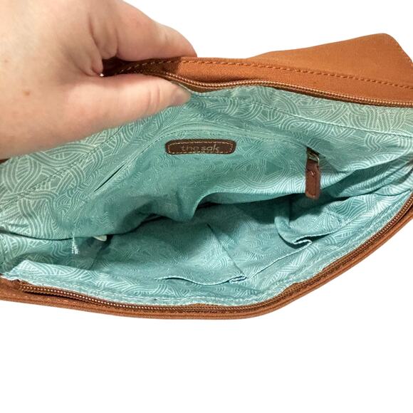 The Sak caramel brown leather messenger bag studded backpack Boho casual purse - Picture 5 of 10